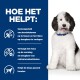 Een fluffy zwart-witte hond glimlacht aan de rechterkant, terwijl Nederlandse tekst aan de linkerkant een product voor urinestenen en blaasgezondheid uitlegt.