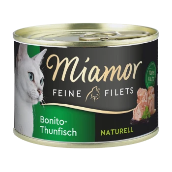 Dosenkatzenfutter mit einer weißen Katze auf dem Etikett, beschriftet "Miamor Feine Filets Bonito-Thunfisch Naturell," betont 100% Filet.