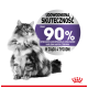 Puszysty kot na białym tle z okrągłą grafiką z napisem "Udowodniona skuteczność" i "ponad 90% opiekunów zaobserwowało..."