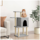 Eine flauschige orangefarbene Katze sitzt auf einem grauen Katzenbaum mit mehreren Ebenen und einem gemütlichen Versteck, neben einer Topfpflanze und einem beigen Sofa.