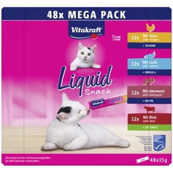 Vitakraft Liquid Snack 48x Mega Pack Katzenleckerlis mit Huhn, Lachs, Leberwurst und Rindergeschmack, kalorienarm, ohne Konservierungsstoffe.