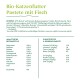 Bio-Katzenfutterpaste mit Fisch, aufgelistet mit Zutaten, Nährwerten und hinzugefügten Vitaminen. Enthält 47% Fleisch und Fisch.