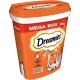 Orangenes Behältnis mit Dreamies-Katzenleckerlis, beschriftet mit "Mega Box 350g", mit einer verspielten Katze und einer Hühnergrafik, mit Text in Deutsch und Französisch.