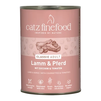 Catz Finefood Classic Adult Katzenfutterdose, Lamm und Pferd mit Zucchini und Tomaten, getreidefrei, ohne zugesetzten Zucker.
