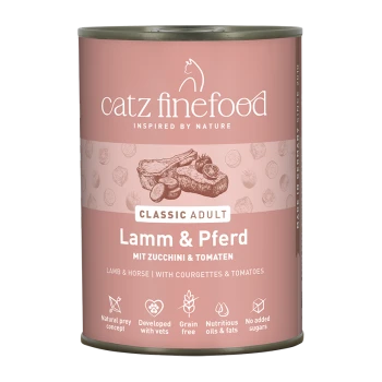 Catz Finefood Classic Adult Katzenfutterdose, Lamm und Pferd mit Zucchini und Tomaten, getreidefrei, ohne zugesetzten Zucker.