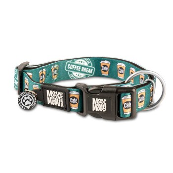 Grünes Hundehalsband mit Kaffeetassen- und "Coffee Break"-Motiven, schwarze Schnalle mit Aufschrift "Max & Molly" und runder Anhänger mit Pfotenabdruck.