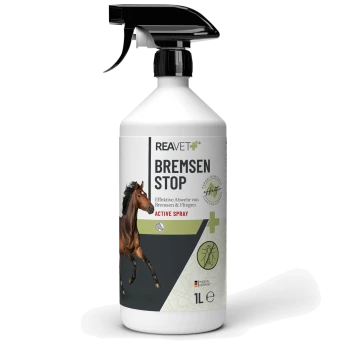 Eine Sprühflasche mit der Aufschrift "REAVET+ BREMSEN STOP", die ein galoppierendes Pferd zeigt, entworfen für effektiven Fliegen- und Pferdefliegenabwehr.