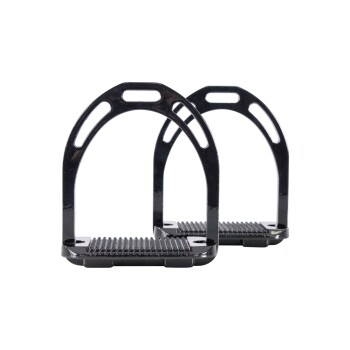 Schwarze Pferdestirrup mit einer strukturierten Fußfläche, entworfen für sicheren Halt, auf einem weißen Hintergrund präsentiert.