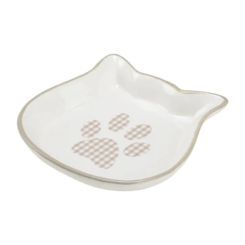 Keramikteller Pfote Weiße Keramik-Haustierschüssel in Form eines Katzenkopfes, mit einem braun karierten Pfotenabdruckdesign in der Mitte.
