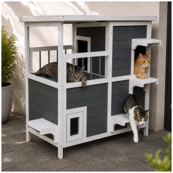 Grau-weißes zweistöckiges Holz-Katzenhaus im Freien mit drei Katzen (getigert, orange, weiß-getigert).