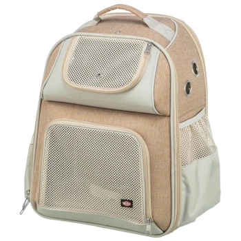 Beige Tragetasche für Haustiere mit Netzpaneelen, Reißverschlussfächern und einem Griff oben, entworfen für den komfortablen Transport von Haustieren.
