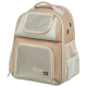 Beige Tragetasche für Haustiere mit Netzpaneelen, Reißverschlussfächern und einem Griff oben, entworfen für den komfortablen Transport von Haustieren.