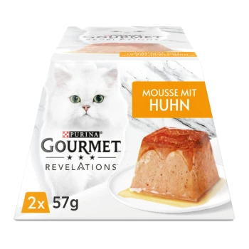 Purina Gourmet Revelations Katzenfutterverpackung mit einer weißen Katze, mit einem Mousse-Gericht, das als "Mousse mit Huhn" gekennzeichnet ist, und zwei 57 g Portionen.