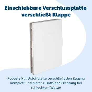 Energieeffiziente Hundeklappe mit isolierter Zugluftabdichtung, die warme Luft im Haus hält. Text: "3-Klappensystem ist langlebig & robust."