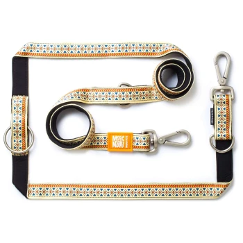 Hundeleinen- und Halsband-Set mit geometrischem Muster, Metallclips und orangefarbenem Etikett mit der Aufschrift „Max & Molly Urban Pets“.