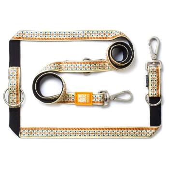 Hundeleinen- und Halsband-Set mit geometrischem Muster, Metallclips und orangefarbenem Etikett mit der Aufschrift „Max & Molly Urban Pets“.