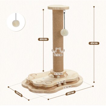 Holz-Kratzbaum für Katzen mit Sisalseil, hängendem Bommel-Spielzeug und beschrifteten Maßen: 49 cm Höhe, 40x30 cm Basis.