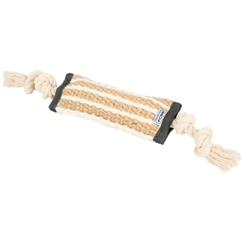 Hundekauspielzeug mit beige-weiß gewebtem Zentrum und geknoteten Baumwollseilenden, beschriftet mit "Anione".