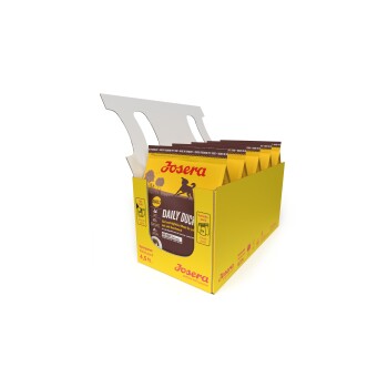 Josera Daily Duck Erwachsenen-Hundefutter Sparpaket, 4,5 kg, gelbe und braune Verpackung mit Hundesilhouette.