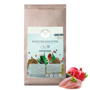 "Green Pawly" Hundefutterverpackung mit der Aufschrift "Hundetrockenfutter" und "Plus 10 Superfoods," betont natürliche Zutaten und gesundheitliche Vorteile.