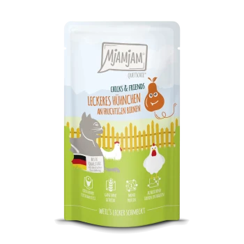 Mjamjam Haustierfutterbeutel mit "Chicks & Friends" mit Huhn und Birnen, buntem Design und Text, der Qualität und Zutaten hervorhebt.