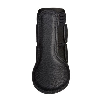 Schwarze Haustierstiefel zum Schutz, mit einer strukturierten Lederaußenseite und verstellbaren Riemen für einen sicheren Sitz.