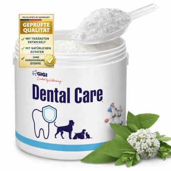 GIGI Veterinary Dental Care Pulver für Haustiere, mit Zahn- sowie Hund-, Katzen- und Kaninchensymbolen auf weißem Behälter.