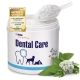GIGI Veterinary Dental Care Pulver für Haustiere, mit Zahn- sowie Hund-, Katzen- und Kaninchensymbolen auf weißem Behälter.
