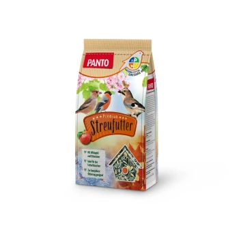 Premium Streufutter mit Wildapfel 4x 1,7kg Eine Tüte Panto Premium Streufutter für Vögel mit zwei Vögeln auf der Vorderseite, mit einem roten Etikett und Illustrationen von Äpfeln und Samen.