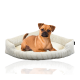 Ein kleiner brauner Hund sitzt bequem auf einem plüschigen, cremefarbenen Hundebett mit einem strukturierten, hellgrauen Rand.
