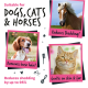 Bilder von einem Pferd, Hund und einer Katze mit den Texten „Geeignet für Hunde, Katzen & Pferde“, „Reduziert Haarverlust“, „Entfernt lose Haare“ und „Sanft zu Haut & Fell“.