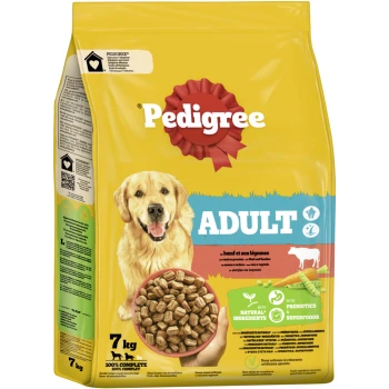 Adult mit Rind und Gemüse 7 kg Pedigree Adult Hundefutter, 7 kg Sack, mit Trockenfutter in einer Schüssel, mit Text, der natürliche Zutaten, Präbiotika und Superfoods hervorhebt.