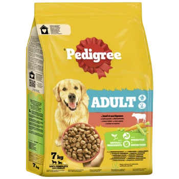 Pedigree Adult Hundefutter, 7 kg Sack, mit Trockenfutter in einer Schüssel, mit Text, der natürliche Zutaten, Präbiotika und Superfoods hervorhebt.