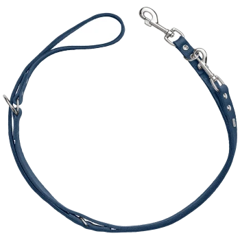 Blauer Lederhundeleine mit einer Schlaufe und einem Metallclip, die ein schlankes Design und eine robuste Konstruktion zeigt.