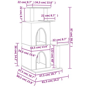 Illustration der Abmessungen eines Katzenbaums mit beschrifteten Maßen in Zentimetern und Zoll, die eine Höhe von 97 cm (38,2") und verschiedene Plattformgrößen zeigt.