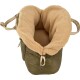 Sac de transport matelassé vert olive pour animaux avec doublure en polaire beige douce et poignées réglables, vue de dessus ouverte.