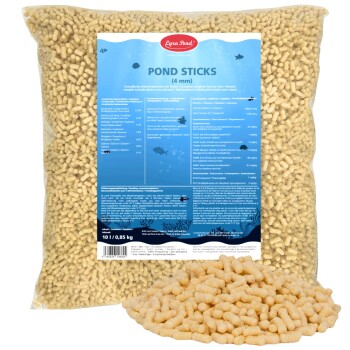 Lyra Pond Fischfuttereimer mit blauer Etikett, der den Text 'ALLES FÜR IHREN TEICH' und einen Haufen Fischfutterpellets zeigt.