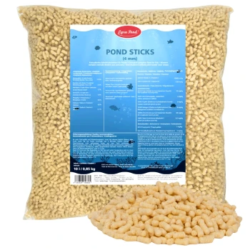 Lyra Pond Fischfuttereimer mit blauer Etikett, der den Text 'ALLES FÜR IHREN TEICH' und einen Haufen Fischfutterpellets zeigt.