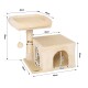 Katzenbaum in cremefarben mit einer oberen Sitzfläche, einem Kratzbaum und einem gemütlichen Versteck, mit in Zentimetern angegebenen Abmessungen.