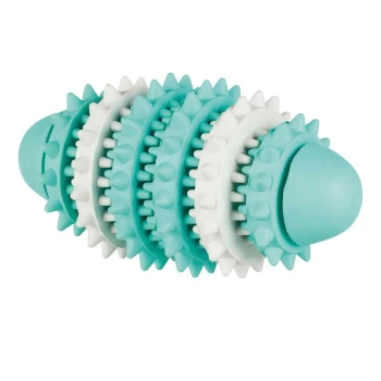 Ein türkis-weißes, stacheliges Hundespielzeug in Form eines Rugbyballs, mit mehreren strukturierten Abschnitten zum Kauen und Spielen.