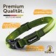 Grüner Nylon-Hundehalsband mit einer schwarzen Schnalle, mit Text, der seine Premium-Qualität, Haltbarkeit und einen D-Ring aus Edelstahl hervorhebt.