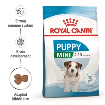 Royal Canin Puppy Mini dog food bag, featuring a puppy image, highlights strong immune system, brain development, and adapted kibble size.