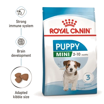 Royal Canin Puppy Mini dog food bag, featuring a puppy image, highlights strong immune system, brain development, and adapted kibble size.