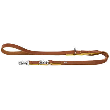Braune Lederhundeleine mit Schlaufenhandgriff, silbernen Metallclips und D-Ring, gelber Kantenverzierung und kleinem Metallmarkenanhänger