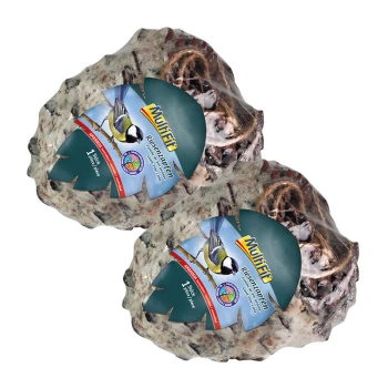 Deux blocs de graines pour oiseaux avec une étiquette présentant un mésange, étiquetés 'Multifit Riesenkerne', indiquant qu'ils sont 1 bâton et sans gluten.