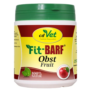 Behälter von cdVet Fit-BARF Obst Frucht, ein 100% natürliches Haustier-Nahrungsergänzungsmittel, mit einem Apfelgrafik und grünem Deckel.
