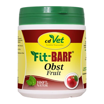 Behälter von cdVet Fit-BARF Obst Frucht, ein 100% natürliches Haustier-Nahrungsergänzungsmittel, mit einem Apfelgrafik und grünem Deckel.