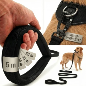 Schwarze Hundetrainingleine, aufgerollt mit einem Karabinerclip, mit einem roten "Safety First"-Tag und Größenoptionen: 5mm, 10mm, 15mm, 20mm.
