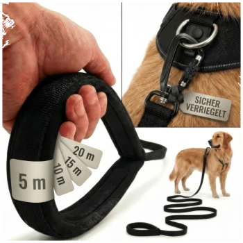 Schwarze Hundetrainingleine, aufgerollt mit einem Karabinerclip, mit einem roten "Safety First"-Tag und Größenoptionen: 5mm, 10mm, 15mm, 20mm.