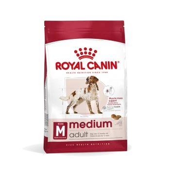Royal Canin Medium Adult Hundefutterbeutel, mit einer Hundillustration, mit Text, der 'Muskelmasse Unterstützung' und 'Hunde über 12 Monate alt' hervorhebt.